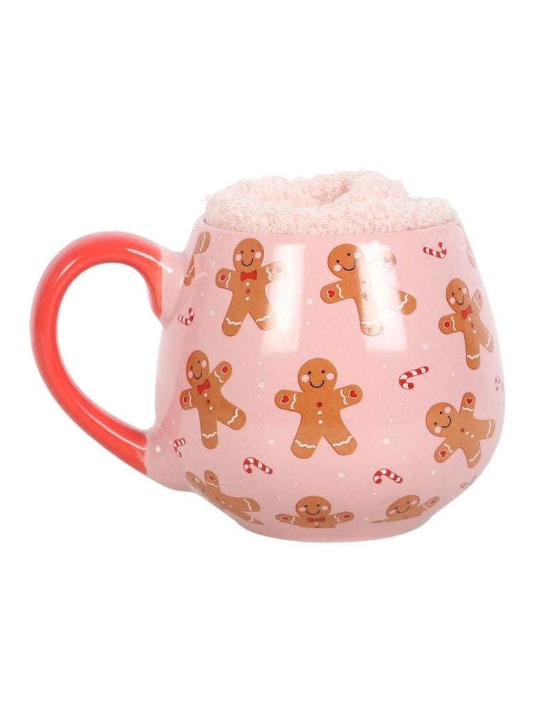 Lebkuchenmann Tasse mit Kuschelsocken | Rosa Weihnachtstasse | Winter Geschenkset | Cozy Mug | Weihnachtsgeschenk