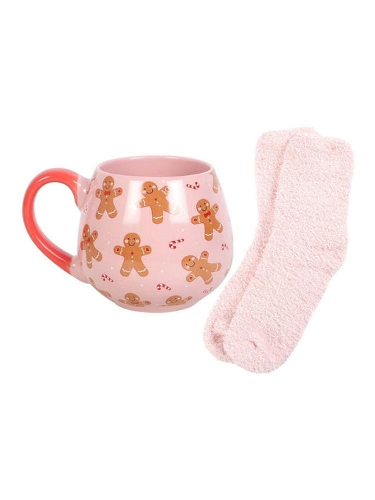 Lebkuchenmann Tasse mit Kuschelsocken | Rosa Weihnachtstasse | Winter Geschenkset | Cozy Mug | Weihnachtsgeschenk