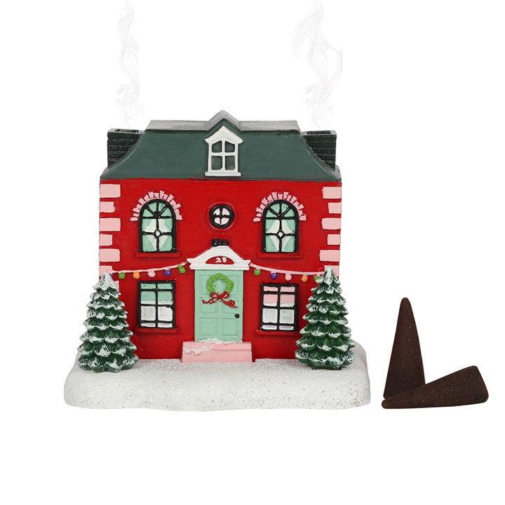 Räucherkegel Haus rot | Christmas Cottage Räucherkegelhalter | Festliche Winterdeko | Räucherhäuschen mit Schornstein |
