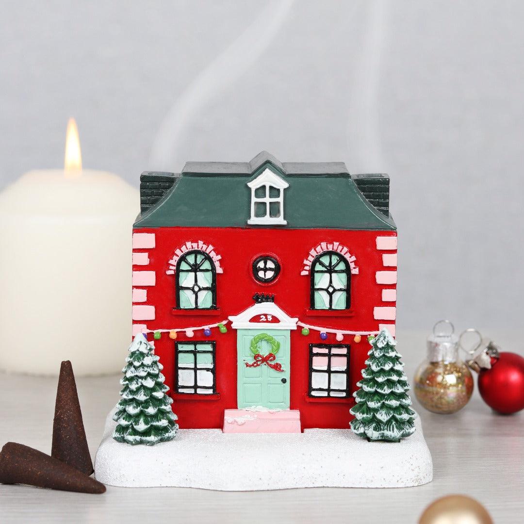 Räucherkegel Haus rot | Christmas Cottage Räucherkegelhalter | Festliche Winterdeko | Räucherhäuschen mit Schornstein |