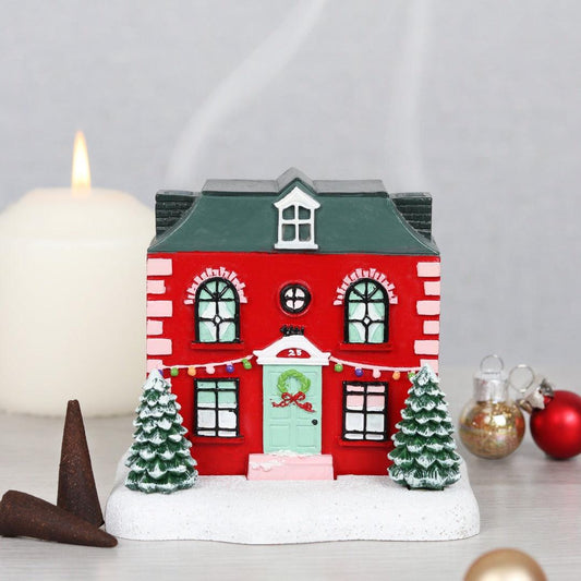 Räucherkegel Haus rot | Christmas Cottage Räucherkegelhalter | Festliche Winterdeko | Räucherhäuschen mit Schornstein |