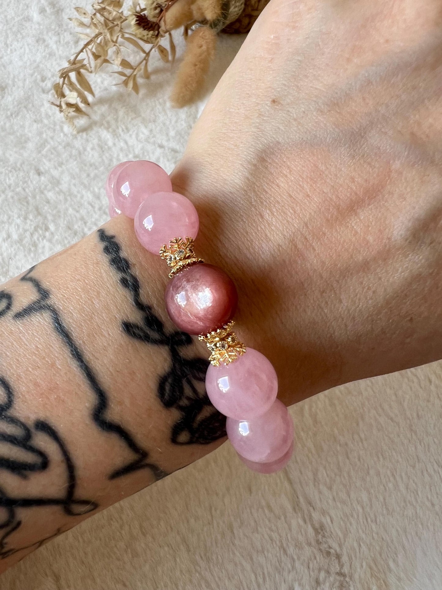 Rosenquarz & Pink Mica Armband | Glimmer Edelstein Armband | Schneeflocken Schmuck | Naturstein Schmuck | Geschenk für Sie