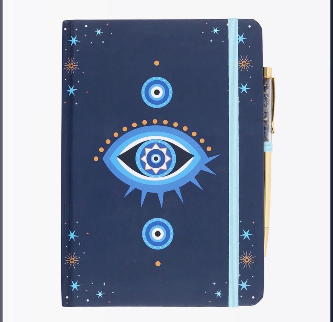 Hamsa oder Evil Eye Notizbuch mit Sodalith-Kugelschreiber