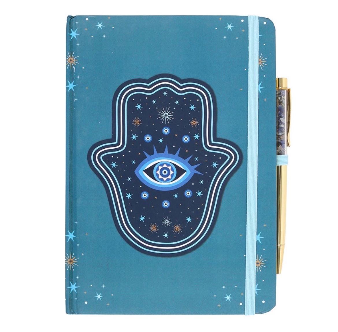 Hamsa oder Evil Eye Notizbuch mit Sodalith-Kugelschreiber