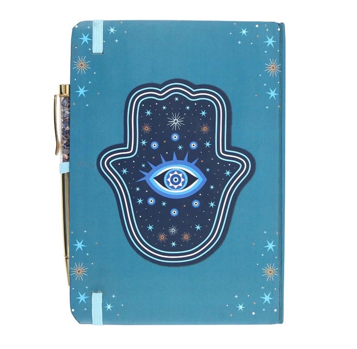 Hamsa oder Evil Eye Notizbuch mit Sodalith-Kugelschreiber
