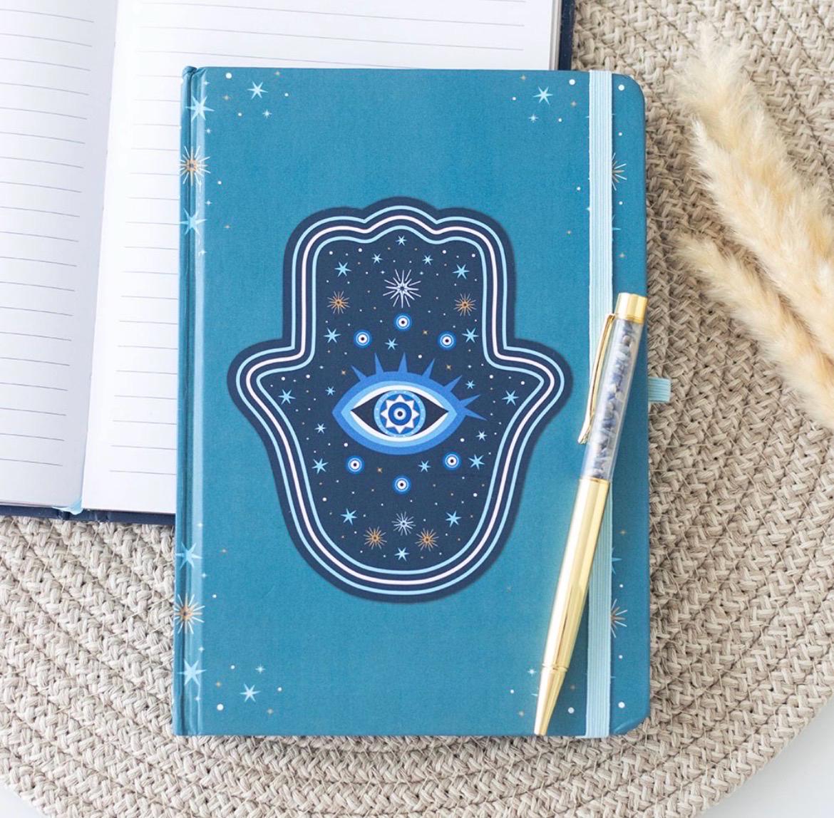 Hamsa oder Evil Eye Notizbuch mit Sodalith-Kugelschreiber