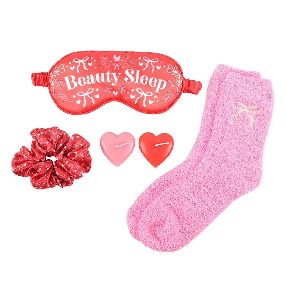 Beauty Sleep Geschenkset | Schlafmaske, Kuschelsocken, Scrunchie & Herzkerzen | Self Care Geschenk