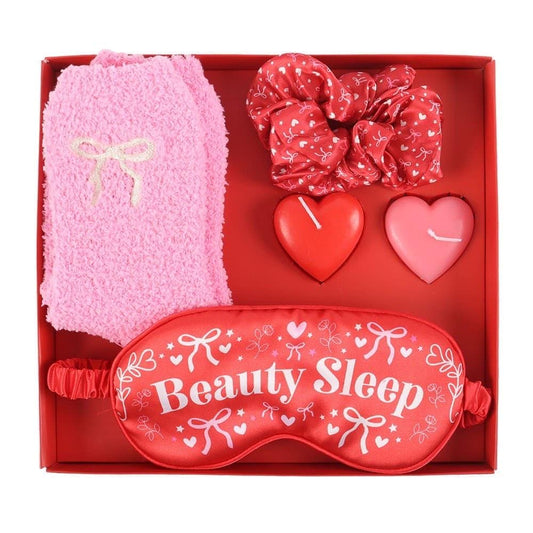 Beauty Sleep Geschenkset | Schlafmaske, Kuschelsocken, Scrunchie & Herzkerzen | Self Care Geschenk