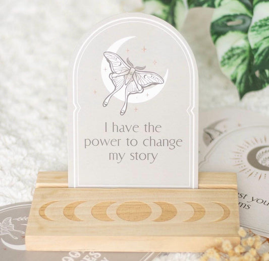 Luna Moth Affirmationskarten mit Mondphasen Holzhalter | Positive Affirmationen | Manifestation & Selbstliebe Geschenk