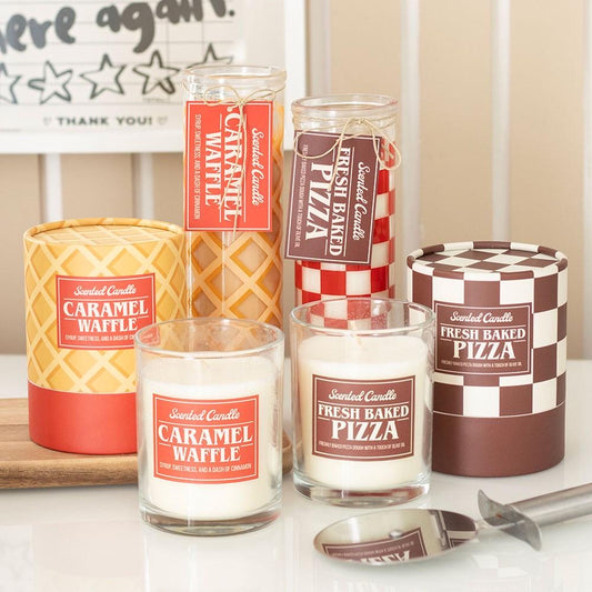 Karamell Kerze | Pizza Kerze | Verrückte Duftkerze im Glas | Pizza oder Karamell-Waffel | Lustige Geschenkidee
