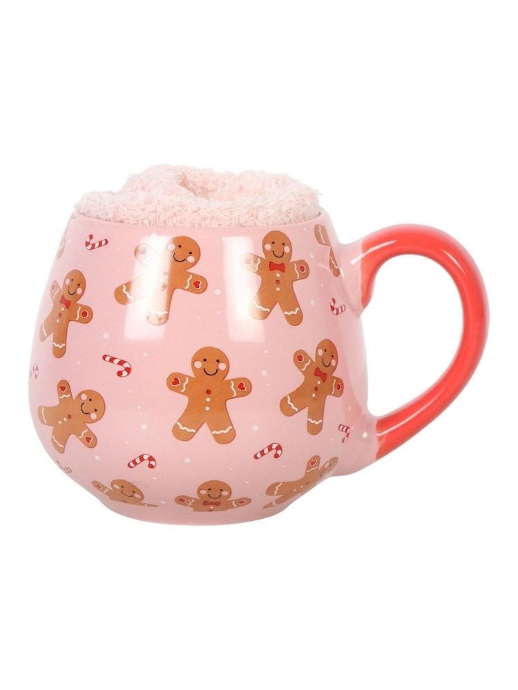 Lebkuchenmann Tasse mit Kuschelsocken | Rosa Weihnachtstasse | Winter Geschenkset | Cozy Mug | Weihnachtsgeschenk