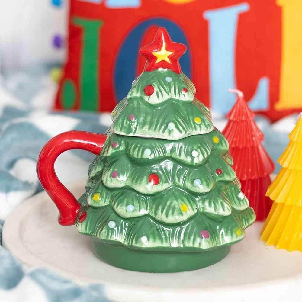 Weihnachtsbaum Tasse mit Deckel | Keramik Weihnachtstasse | Christmas Mug