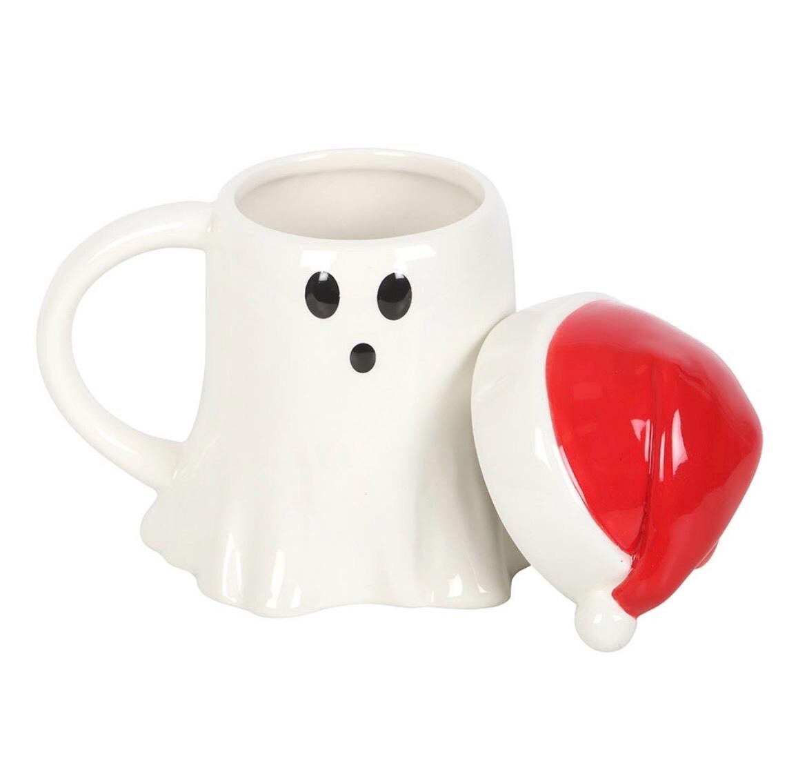 Weihnachtliche Geist Tasse mit Nikolausmütze | Ghost Mug mit Deckel | Christmas Ghost Cup | Weihnachtsgeschenk
