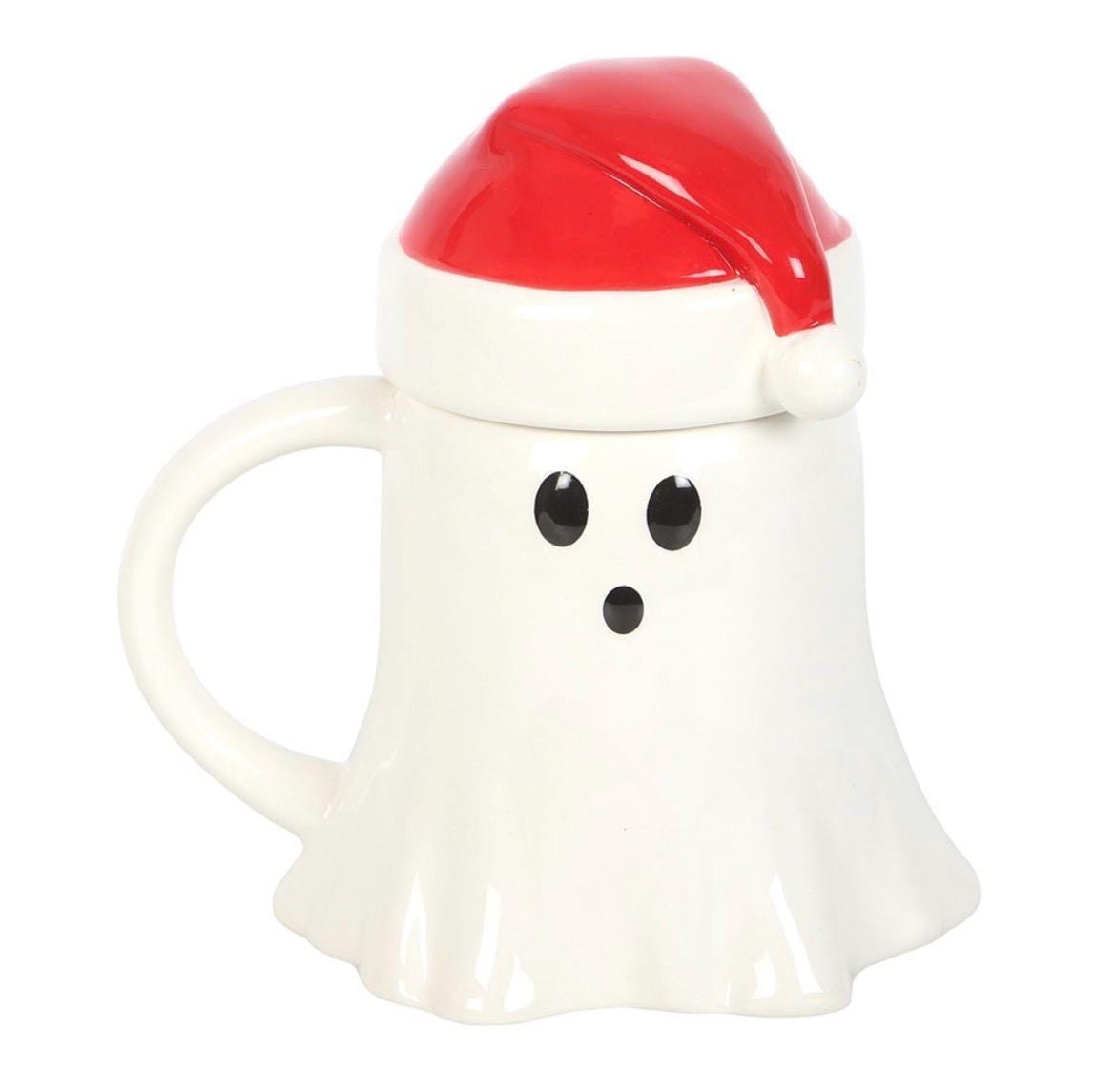 Weihnachtliche Geist Tasse mit Nikolausmütze | Ghost Mug mit Deckel | Christmas Ghost Cup | Weihnachtsgeschenk