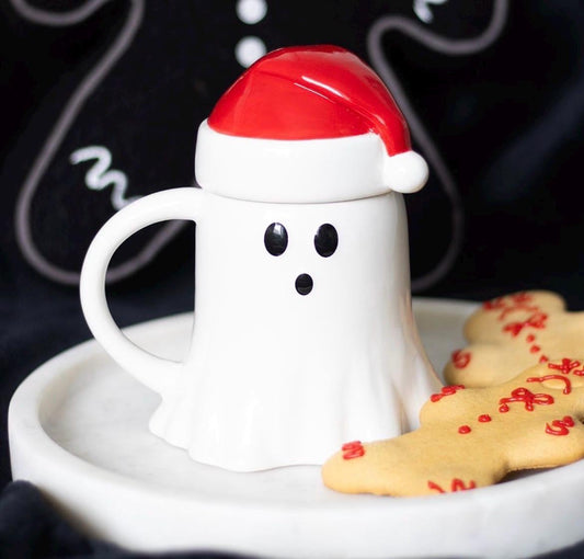 Weihnachtliche Geist Tasse mit Nikolausmütze | Ghost Mug mit Deckel | Christmas Ghost Cup | Weihnachtsgeschenk