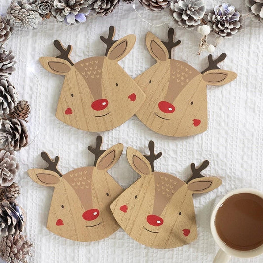 Rentier Untersetzer Set aus Holz | Weihnachts Tischdeko | 4er Set Getränkeuntersetzer | Weihnachts Untersetzer