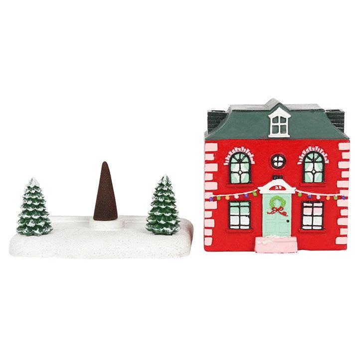 Räucherkegel Haus rot | Christmas Cottage Räucherkegelhalter | Festliche Winterdeko | Räucherhäuschen mit Schornstein |