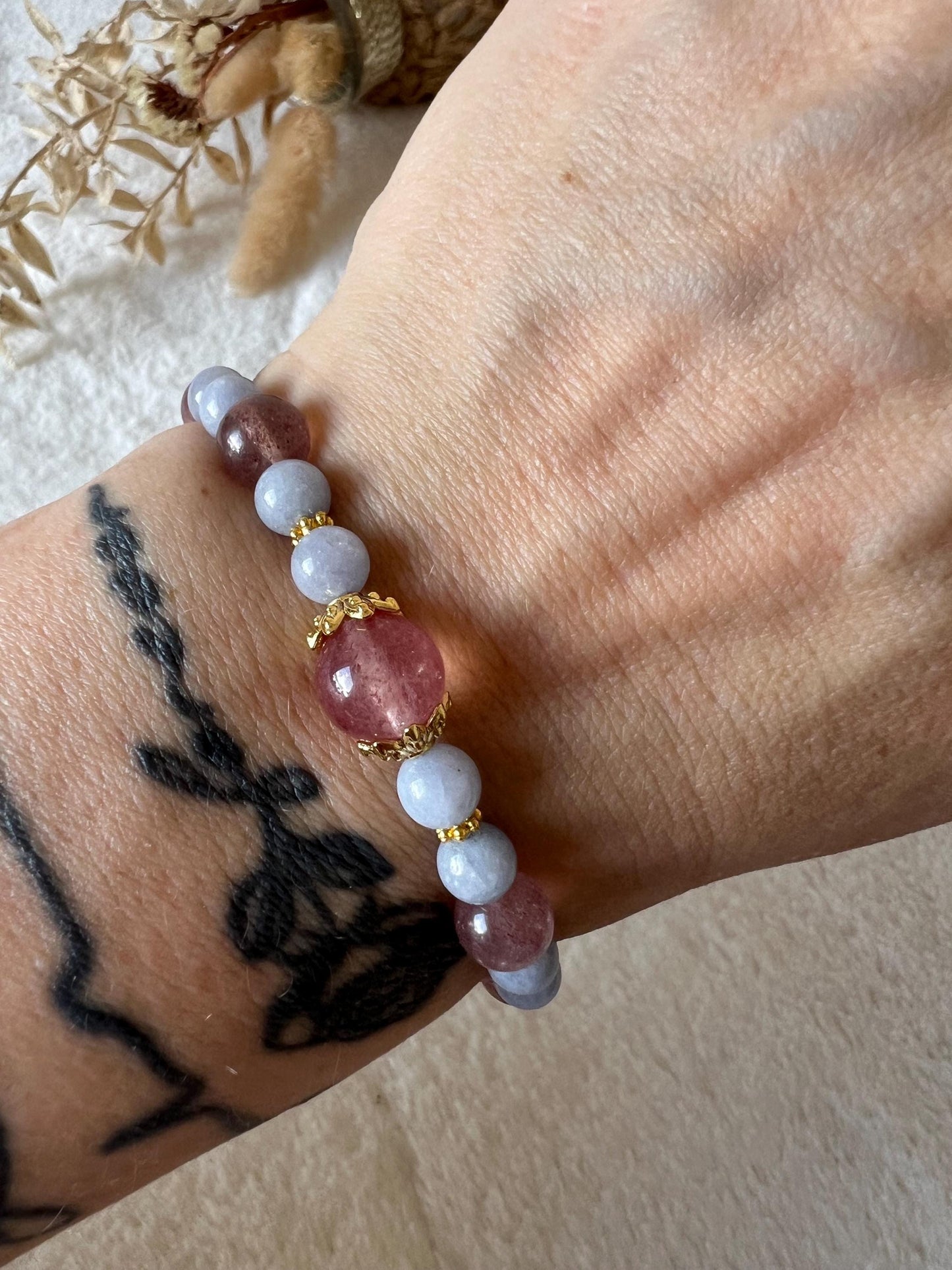 Blauer Rosenquarz & Erdbeerquarz Armband | Edelstein Armband | Naturstein Schmuck | Kristall Armband | Geschenk für Sie