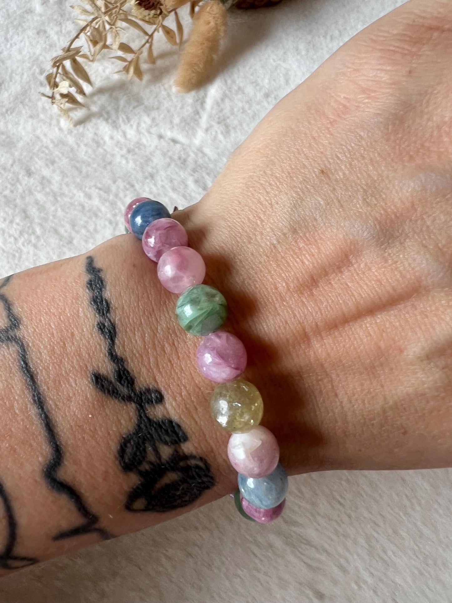 Golden Mica & Kyanit Armband | Pink Mica, Grüner und Blauer Kyanit | Naturstein Schmuck | Edelstein Armband