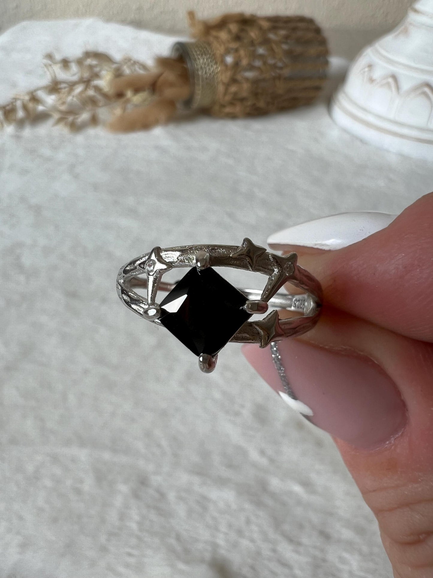 Obsidian Ring 925 Silber | Sternendesign | Schwarzer Obsidian | Edelsteinring | Sterling Silber