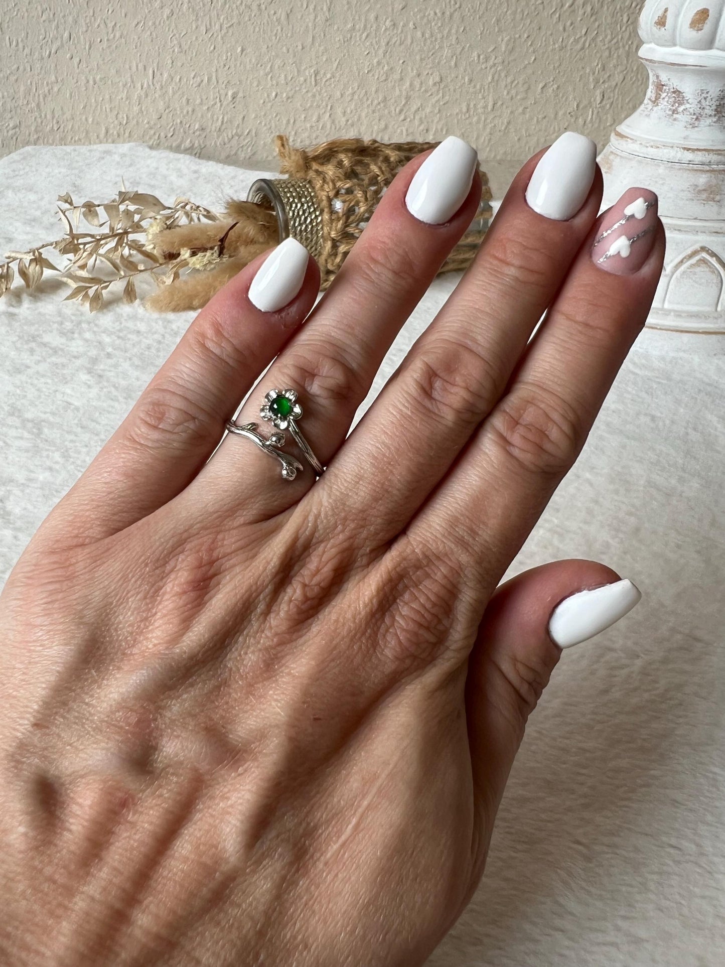 925 Silber Jade Blütenring – Offener größenverstellbarer Ring | Floraler Edelsteinring