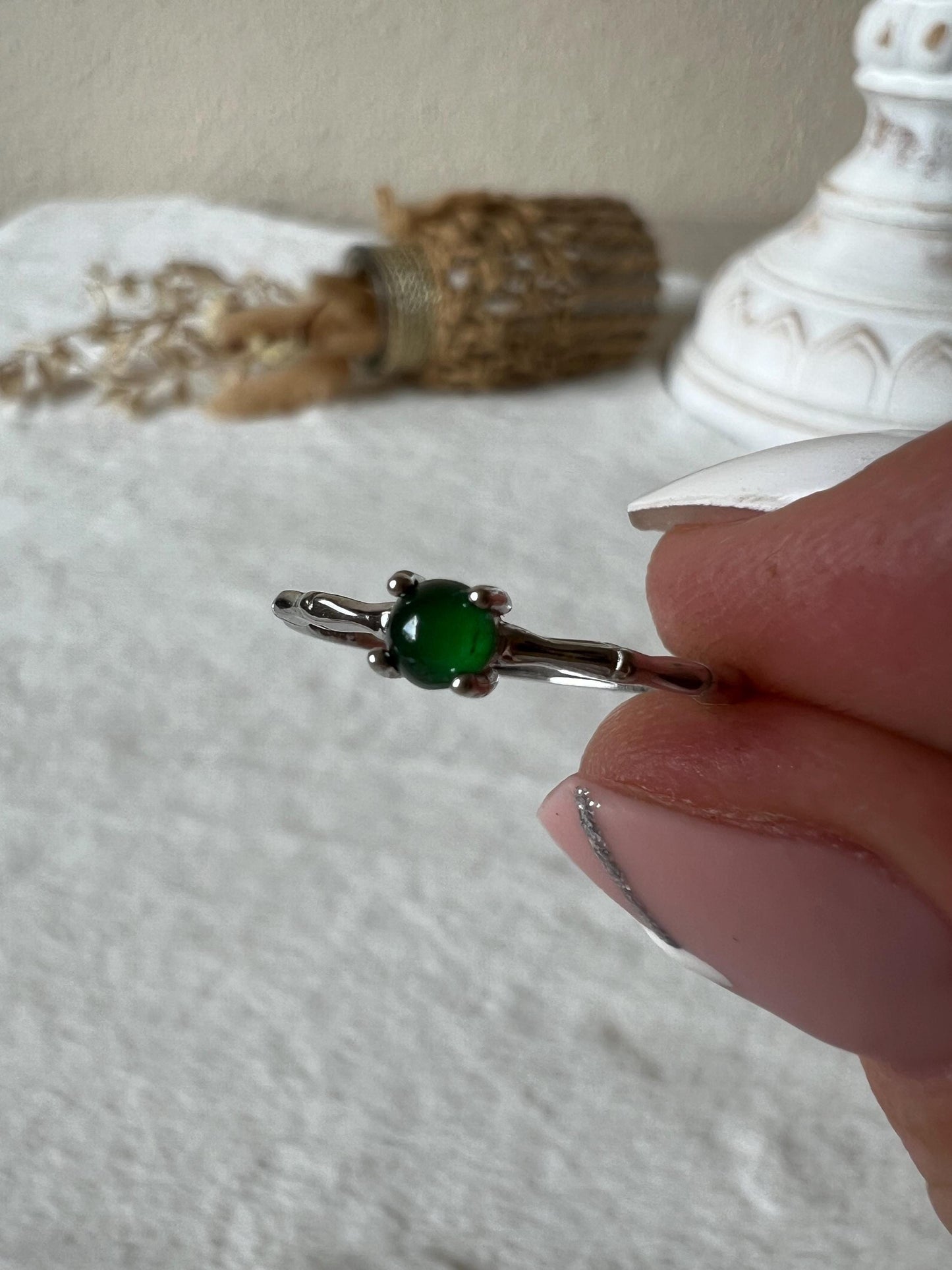 925 Silber Jade Bambusring | Echter grüner Jade Ring | Bambus-Design | Sterling Silber | Edelsteinring