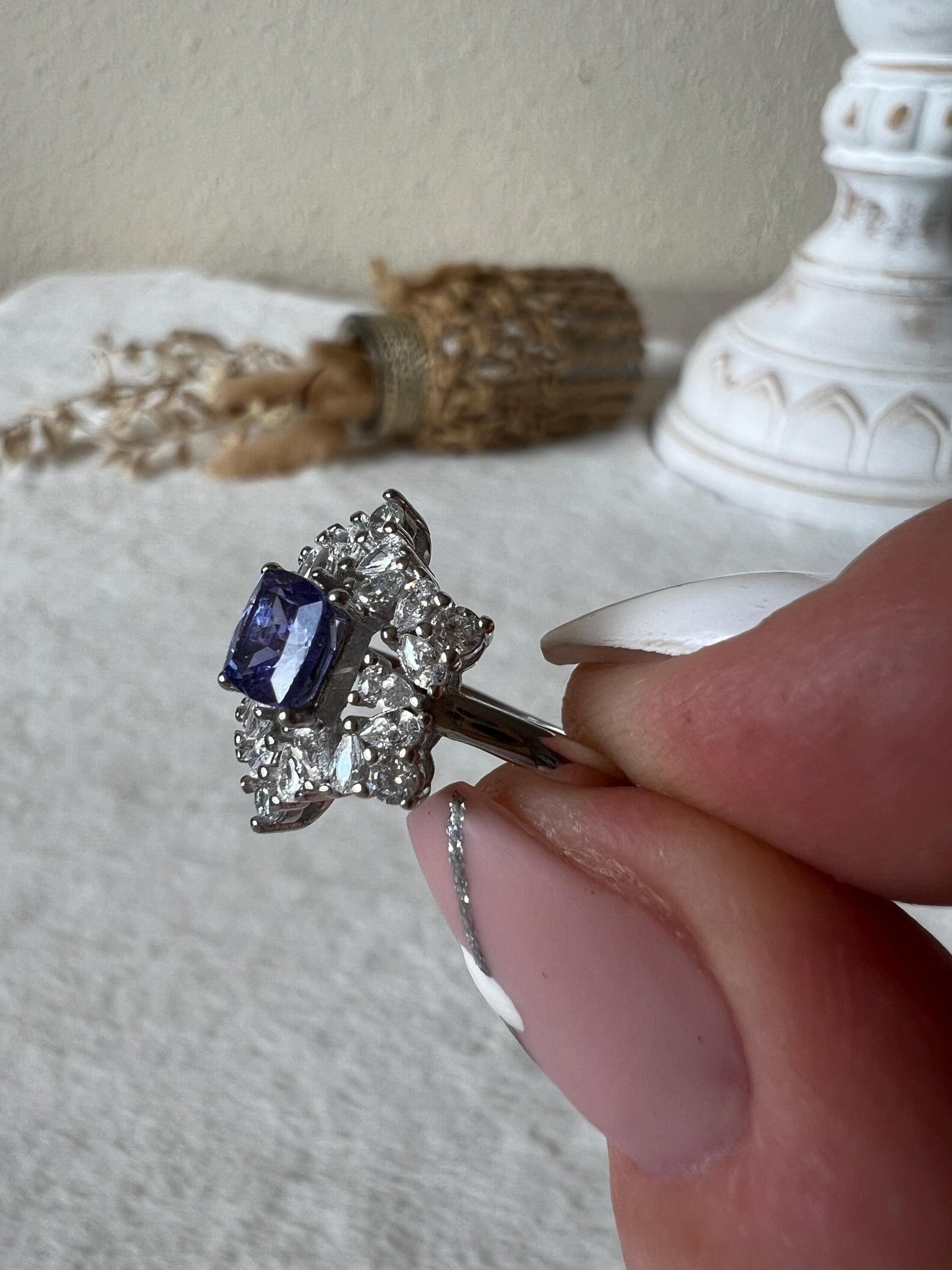 Tansanit Ring mit Moissanite – 925 Silber | Echter Tansanit | Edelsteinring | Größenverstellbar | Geschenk
