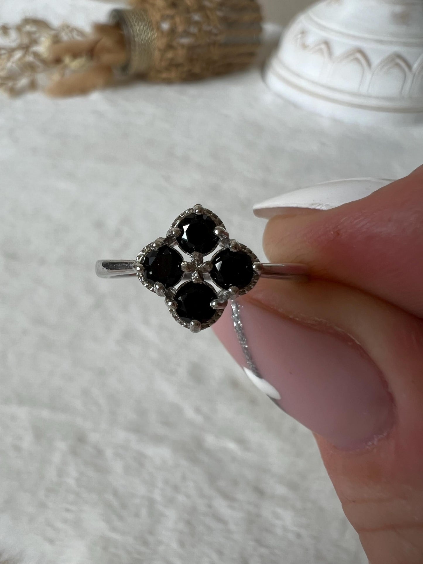 925 Silber Obsidian Ring | Blütenring | Echter Schwarzer Obsidian | Sterling Silber | Edelsteinring