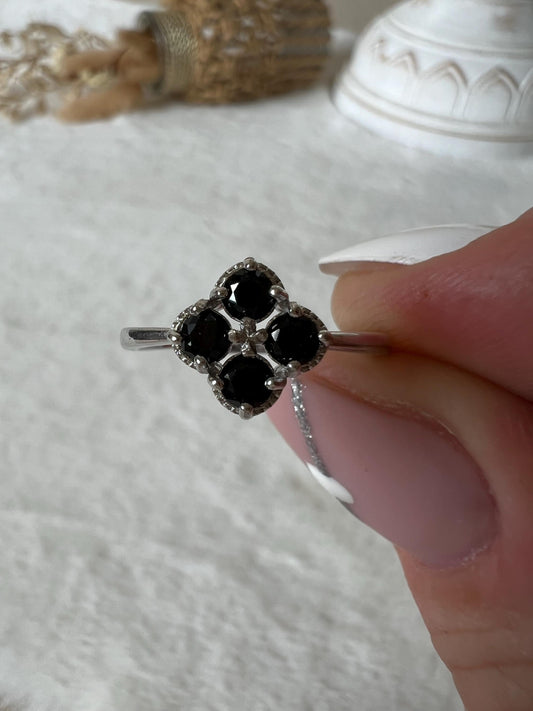 925 Silber Obsidian Ring | Blütenring | Echter Schwarzer Obsidian | Sterling Silber | Edelsteinring