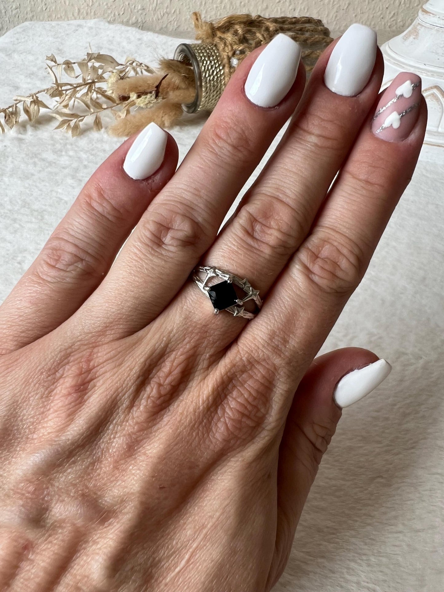Obsidian Ring 925 Silber | Sternendesign | Schwarzer Obsidian | Edelsteinring | Sterling Silber