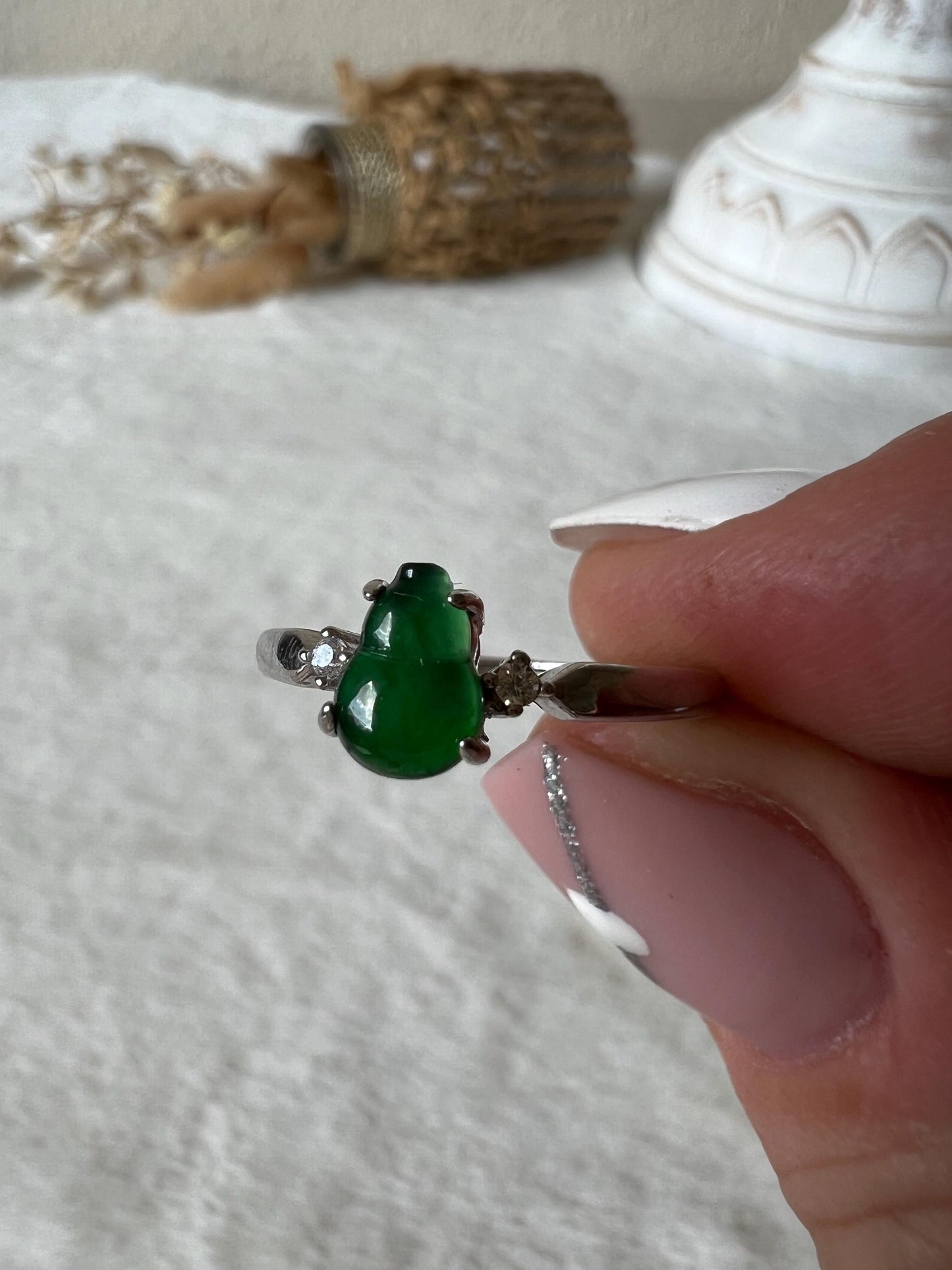 925 Silber Jade Ring | Chinesische Hulu Kalebasse | Grüner Jade Ring mit Moissaniten | Glücksbringer