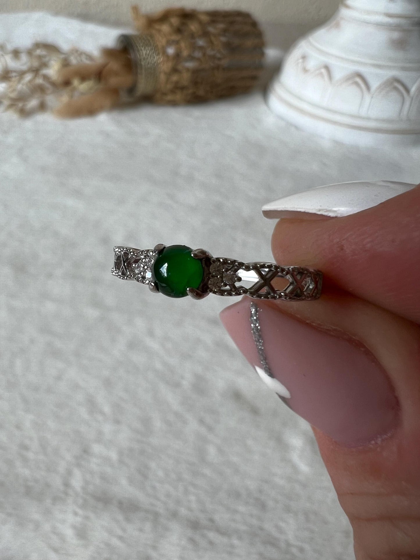 925 Silber Jade Ring mit Moissaniten – Filigraner grüner Jade Ring | Sterling Silber | Edelsteinring