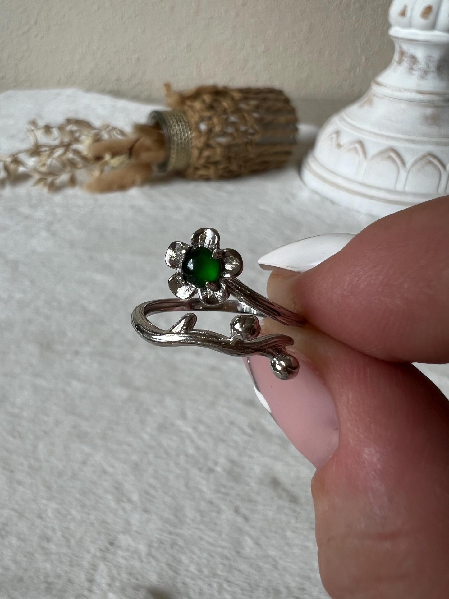 925 Silber Jade Blütenring – Offener größenverstellbarer Ring | Floraler Edelsteinring