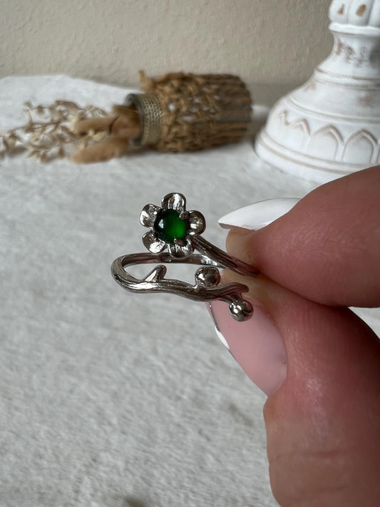 925 Silber Jade Blütenring – Offener größenverstellbarer Ring | Floraler Edelsteinring