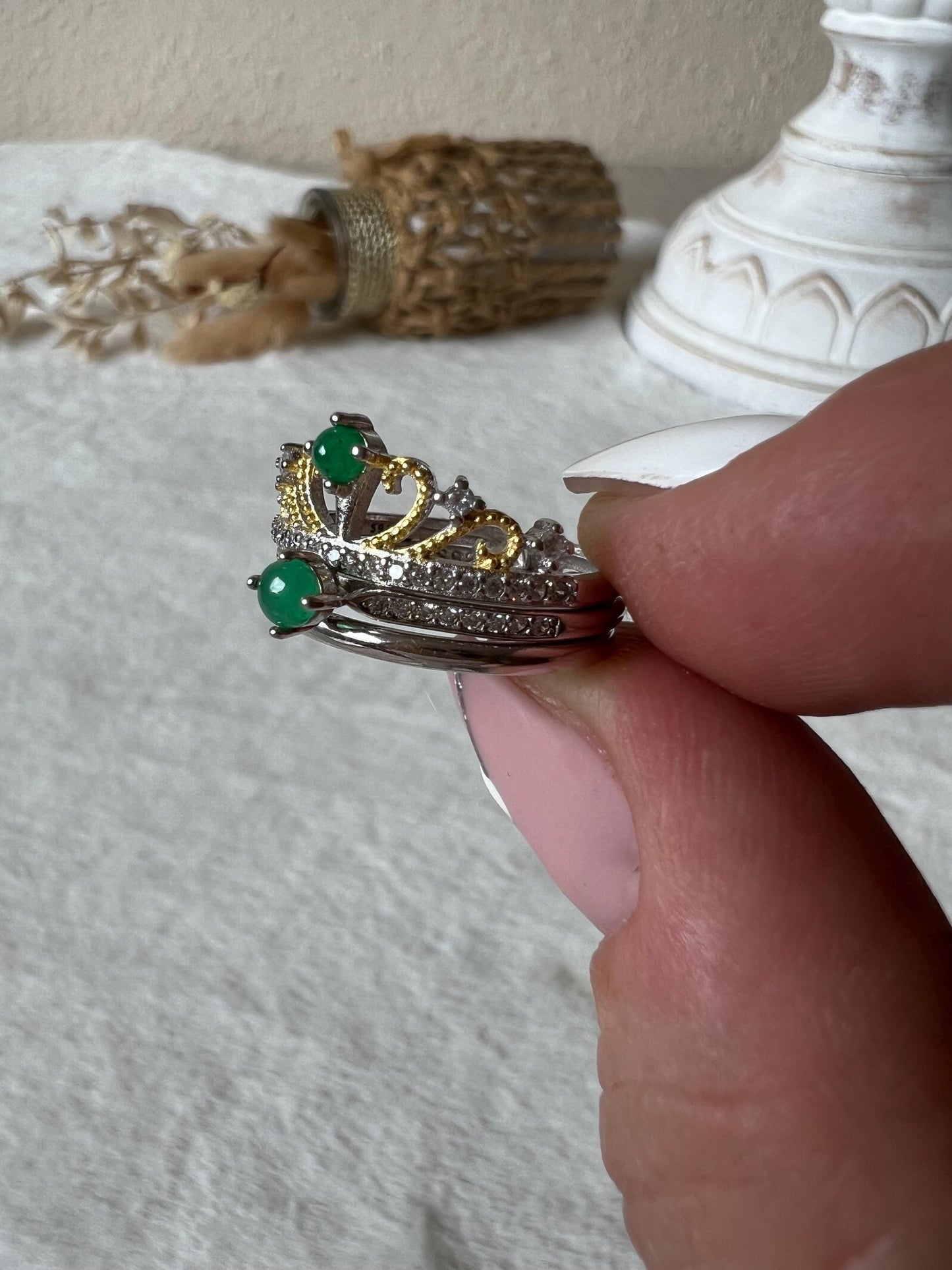 Jade Kronenring mit Moissanite – 2-in-1 Ring | Herausnehmbarer Mittelring | 925 Silber