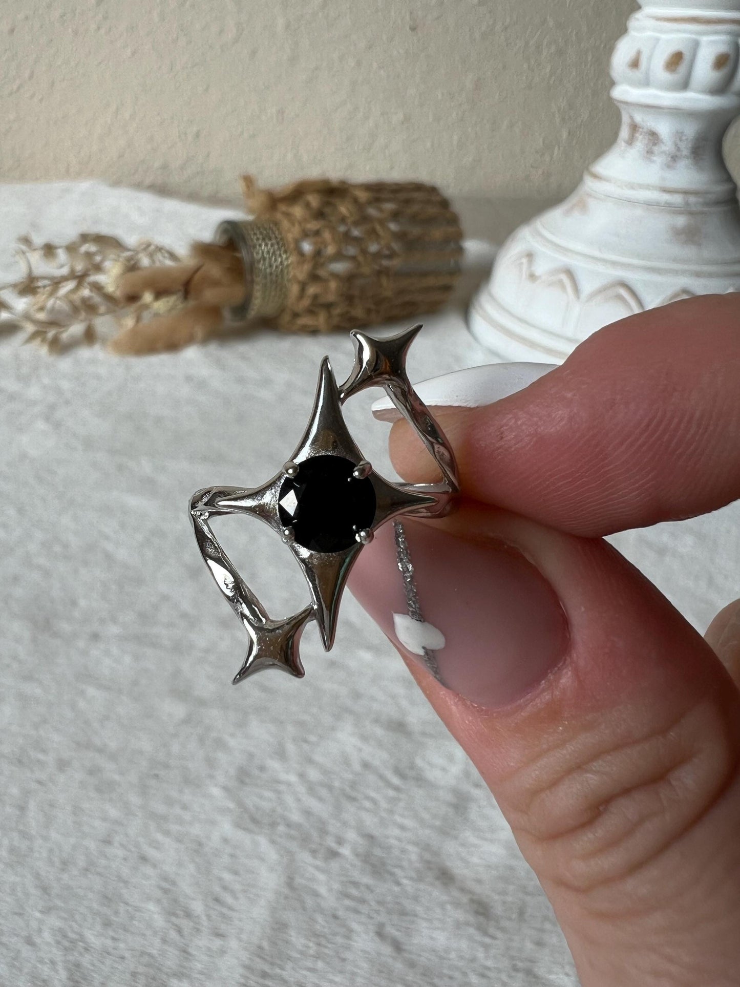 Obsidian Sternenring – 925 Silber | Echter Schwarzer Obsidian | Edelsteinring | Größenverstellbar | Geschenk