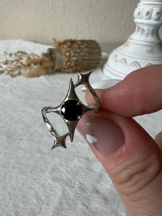 Obsidian Sternenring – 925 Silber | Echter Schwarzer Obsidian | Edelsteinring | Größenverstellbar | Geschenk