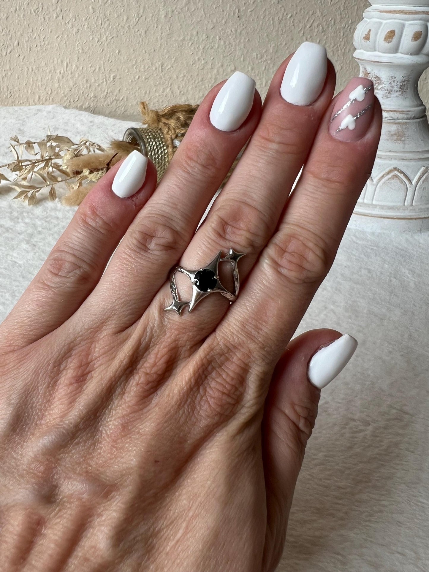 Obsidian Sternenring – 925 Silber | Echter Schwarzer Obsidian | Edelsteinring | Größenverstellbar | Geschenk